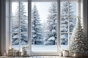 White Christmas Winter Wonderland Backdrop, Snowy window scene, snow-covered trees outside, festive holiday scene