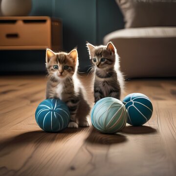 A trio of kittens with different coat patterns, chasing a rolling ball toy3