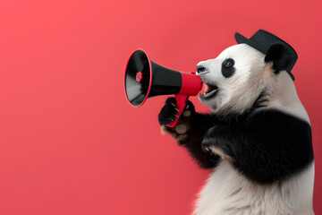 Panda announcing using megaphone. Notifying, warning, announcement. - obrazy, fototapety, plakaty