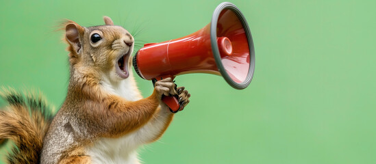 Squirrel announcing using megaphone. Notifying, warning, announcement.