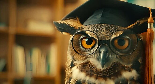 An owl professor with spectacles and a graduation cap, lecturing,