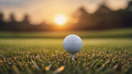 golf ball on the green grass at sunset, hobby for seniors concept 