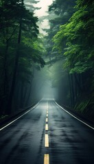 Road in foggy forest in rainy day in spring. Beautiful mountain curved roadway, trees with green foliage in fog and overcast sky. Landscape with empty asphalt road through woods in summer.