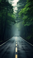 Obraz premium Road in foggy forest in rainy day in spring. Beautiful mountain curved roadway, trees with green foliage in fog and overcast sky. Landscape with empty asphalt road through woods in summer.