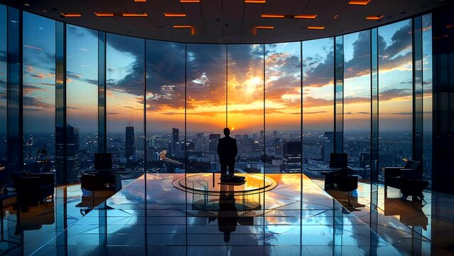 Interior of office room, a boss looking at the city view during sunset. seamless looping 4k time-lapse video background