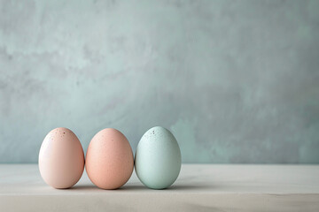 Trio of speckled Easter eggs, pastel colors, elegant simplicity against textured grey background with copy space