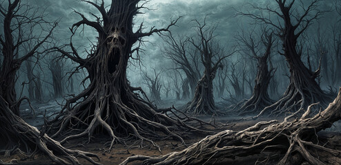 Haunted forest of dead skull trees, desolate cursed landscape shrouded in poisonous fog where no living being can survive. - obrazy, fototapety, plakaty