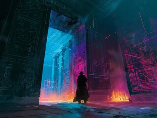 Neonlit detective deciphers arcane symbols in a cyberpunk temple, mystery shrouded in shadow - obrazy, fototapety, plakaty