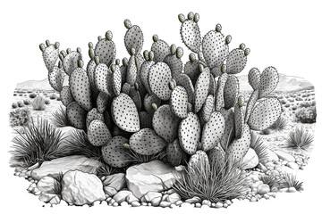 A group of black and white cacti in the sand view isolated on a transparent background