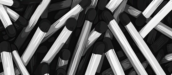 A monochrome photo featuring a closeup shot of a pile of matches with a pattern resembling a grille. The parallel arrangement gives a unique automotive tirelike appearance