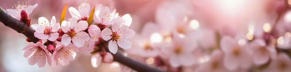 Closeup spring flowers, cherry tree with light bokeh, ultra wide, spring and summer background concept