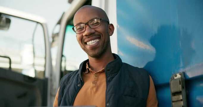 Portrait, tablet and male driver for logistics, smile and delivery truck for ecommerce. Technology, courier service and supply chain business, face and happy employee for freight and transportation