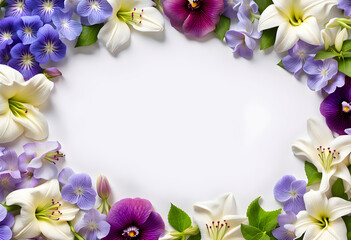 Border frame of wet jasmine lily hollyhocks pansy periwinkle and lavender flowers