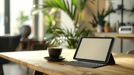 Modern workspace with a tablet and keyboard on a wooden table next to a cup of coffee.