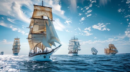 A squadron of clippers racing, white sails against the blue, the oceans timeless challenge - obrazy, fototapety, plakaty