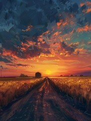 A tank at the end of a long, dusty road, surrounded by fields of gold, the sunset bathing the scene in a soft, forgiving light, a moment of rest on a journey - obrazy, fototapety, plakaty