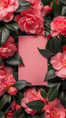 paper centered on the screen surrounded by pink camelias