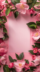 paper centered on the screen surrounded by pink camelias