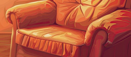 An art piece showcasing a comfortable leather chair with wooden armrests in shades of peach, placed in a living room with hardwood floors - obrazy, fototapety, plakaty