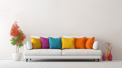 Modern Living Room with Colorful Pillows on White Sofa
