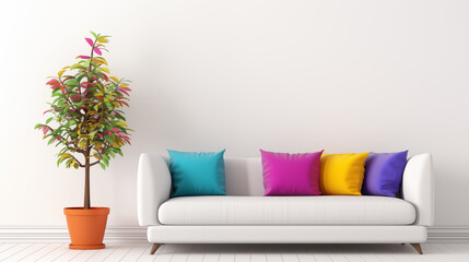 Colorful Living Room with Bright Pillows and Foliage Plant