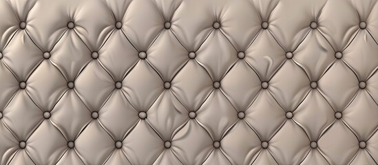 A closeup of a grey tufted leather wall with button detailing, creating a symmetrical pattern. The leather material resembles a mesh or net design, with metal accents