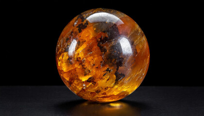 Amber, resin, gemstone, sphere, layers, black background, close-up