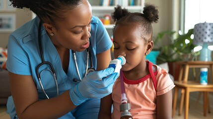A nurse attentively oversees a young girls inhaler treatment, providing respiratory care in the comforting environment of home ,4K, HD, low noise - obrazy, fototapety, plakaty