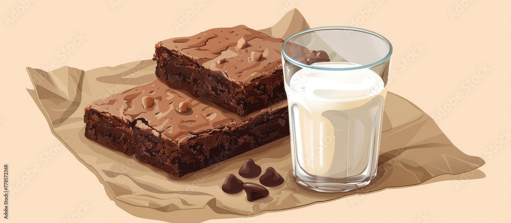 Wall mural Two delicious brownies served with a glass of cold milk, a perfect pairing for a sweet treat. Indulge in this classic dessert made with chocolate, sugar, and flour