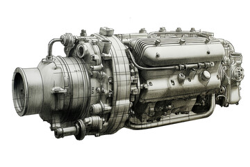 Monochrome sketch of car engine isolated on transparent background