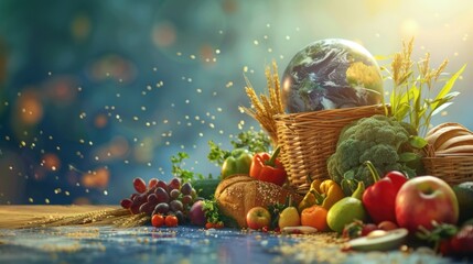 World Food Day. Banner Design with fruit and vegetable icons and planet Earth isolated on a beautiful aesthetic blue background - obrazy, fototapety, plakaty