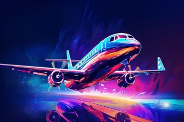 Abstract colorful aircraft or plane landing to the ground, isolated on dark reflective background. Concept of  futuristic, fast, speed movement. Generative AI.