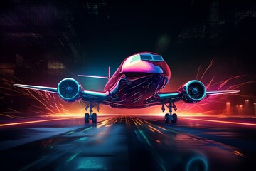 Abstract colorful aircraft or plane landing to the ground, isolated on dark reflective background. Concept of  futuristic, fast, speed movement. Generative AI.
