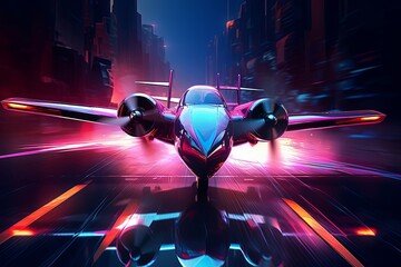 Abstract colorful aircraft or plane landing to the ground, isolated on dark reflective background. Concept of  futuristic, fast, speed movement. Generative AI. - obrazy, fototapety, plakaty