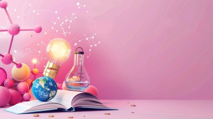 World Book Day and Copyright Day 2024 - Aesthetic pink banner background for greeting cards featuring open book icons, planet Earth, creative idea lights, and chemical molecule reactions