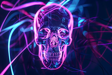 Neon wireframe skull with neon light trails isolated on black background.