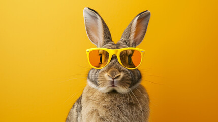 Cool rabbit with yellow sunglasses, confident attitude, vibrant yellow background