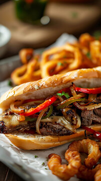 Sliced steak sautéed with onions and peppers, topped with melted cheese, served on a toasted sub roll with a side of curly fries, delicious food style, blur background, natural look