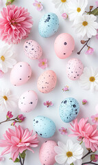 Fototapeta na wymiar Pastel Easter eggs with flowers, festive arrangement, spring celebration, top view