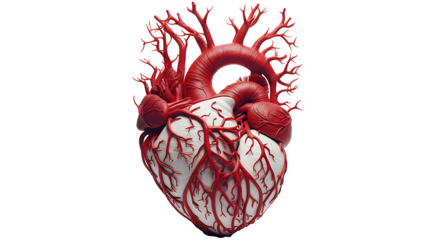  High-resolution capture showcasing the intricate textures and veins of a human heart against a pure white backdrop
