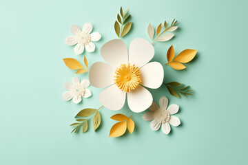 Paper cut flowers and leaves, Fresh spring nature background. Floral banner, poster, flyer template with copy space.