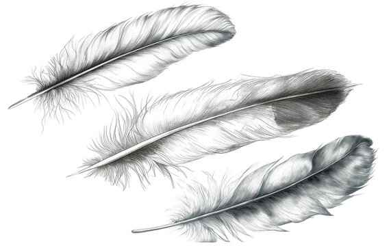 Hand drawn feathers on transparent background, black and white feather sketch