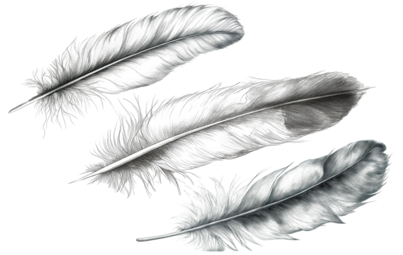 Hand drawn feathers on transparent background, black and white feather sketch