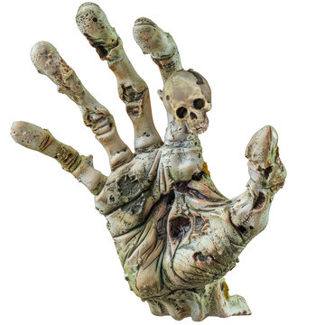 Zombie hand with exposed bones on transparent background. Spooky Halloween decoration or graphic element