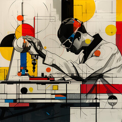 Artistic representation of a person working in lab with colorful abstract elements.