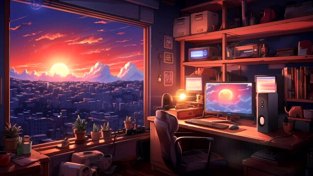 Lofi chill vibes room interior with computer at sunset. seamless looping 4k time-lapse animation video background