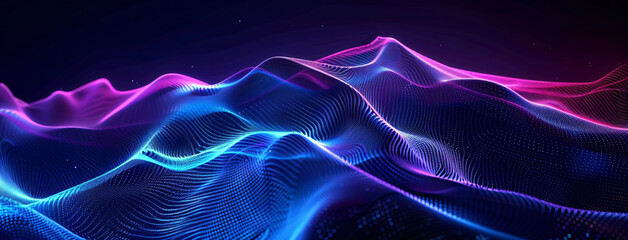 Abstract blue and purple background with curved lines and glowing elements. illustration of a dynamic wave for design, banner, presentation or cover. Isolated on a pastel black background
