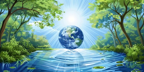 Aesthetic Earth Planet Background Above Blue Water adorned with Tree Frames providing Cool and Beautiful Atmosphere - World Environment Day 2024 - obrazy, fototapety, plakaty