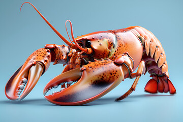 A highly detailed 3D render of a lobster on an isolated blue background.