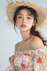 Full face no crop of a Pretty Young Japanese Super Model in a Boho Floral Maxi Dress and Straw Hat, emanating carefree summer vibes with a joyful expression. photo on white isolated background
